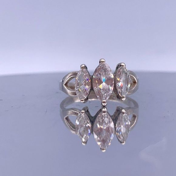 Vintage Sterling Silver Three-Stone Ring - Marquise Cut Cubic Zirconia - Picture 7 of 10